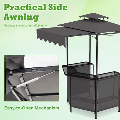 BBQ Gazebo Canopy with 4 Slatted Metal Shelves 6 Hanging Hooks and 2-Row Glass Holders, Black