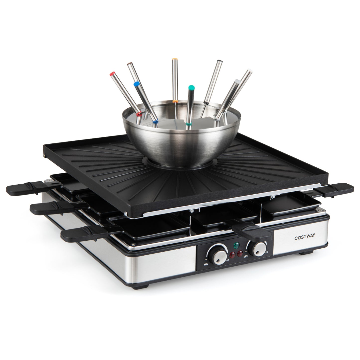 BBQ Grill With Fondue Pot Set, Adjustable Thermostats, For 8 People