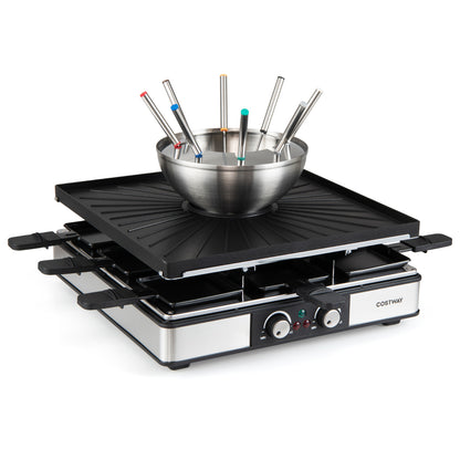 BBQ Grill With Fondue Pot Set, Adjustable Thermostats, For 8 People