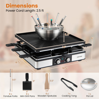 BBQ Grill With Fondue Pot Set, Adjustable Thermostats, For 8 People