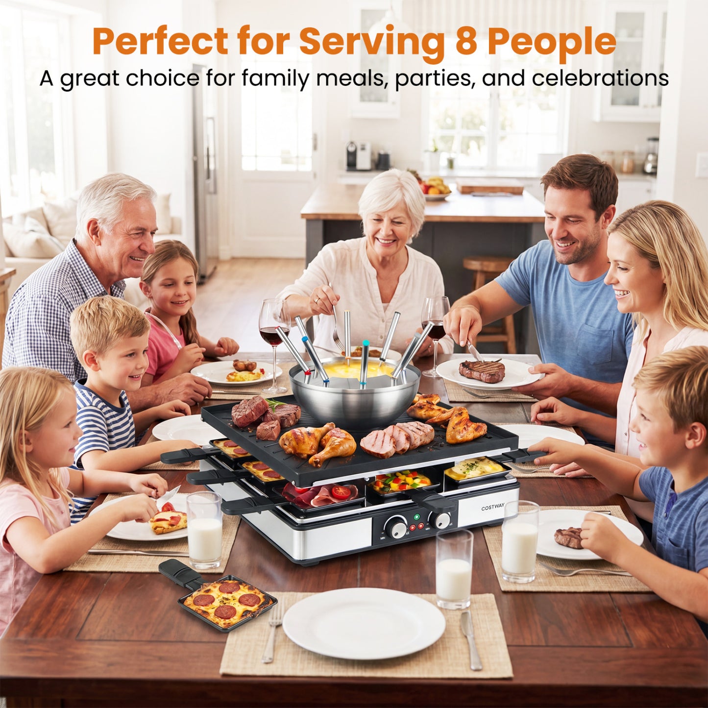 BBQ Grill With Fondue Pot Set, Adjustable Thermostats, For 8 People