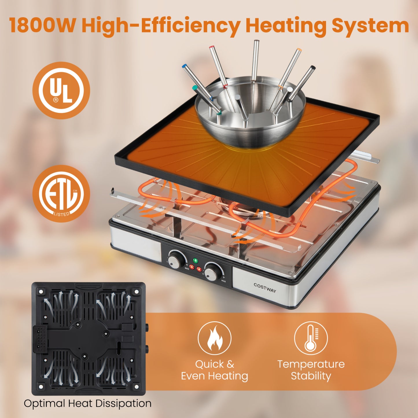 BBQ Grill With Fondue Pot Set, Adjustable Thermostats, For 8 People