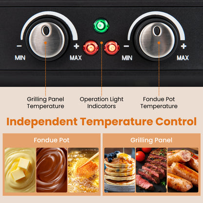 BBQ Grill With Fondue Pot Set, Adjustable Thermostats, For 8 People