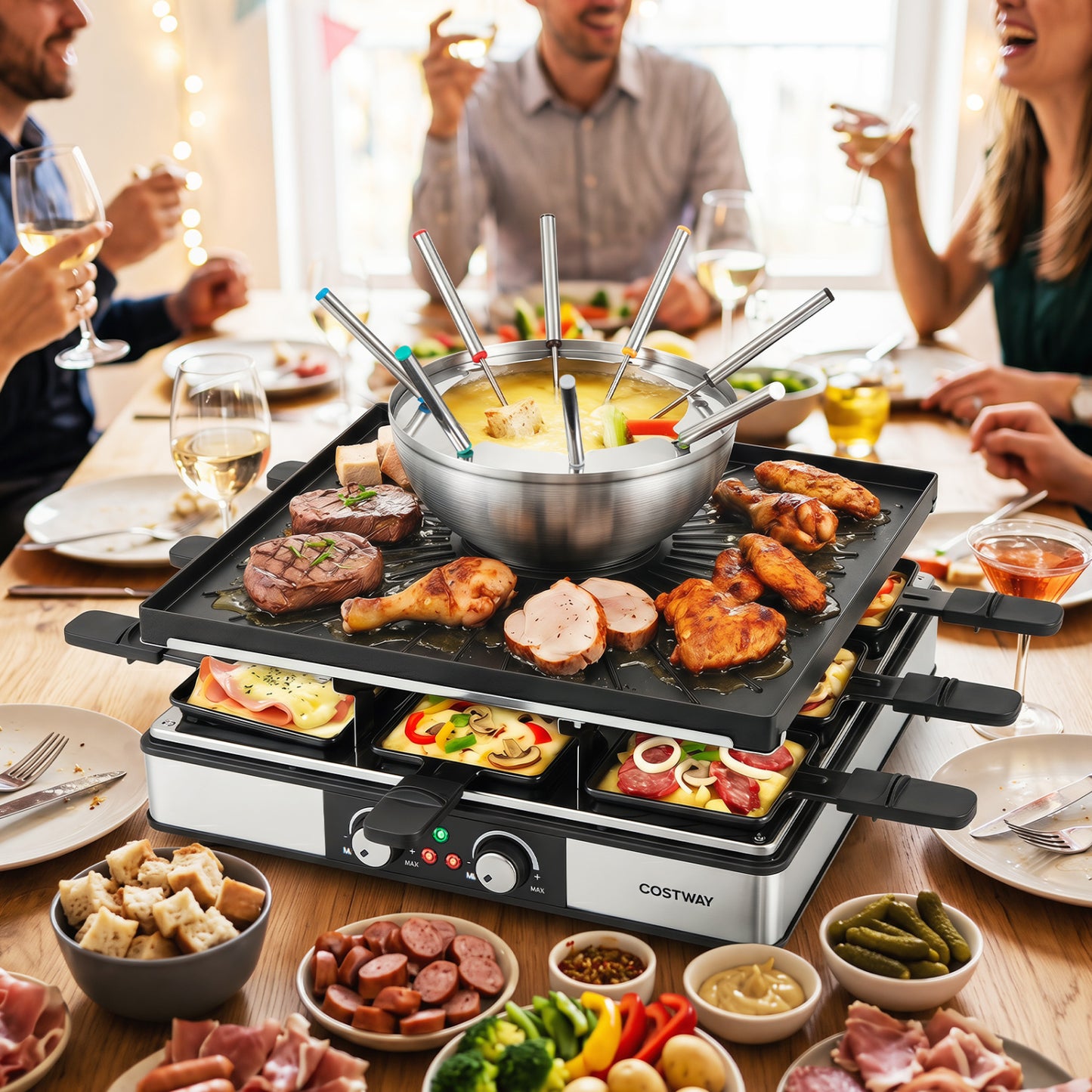 BBQ Grill With Fondue Pot Set, Adjustable Thermostats, For 8 People