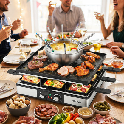 BBQ Grill With Fondue Pot Set, Adjustable Thermostats, For 8 People