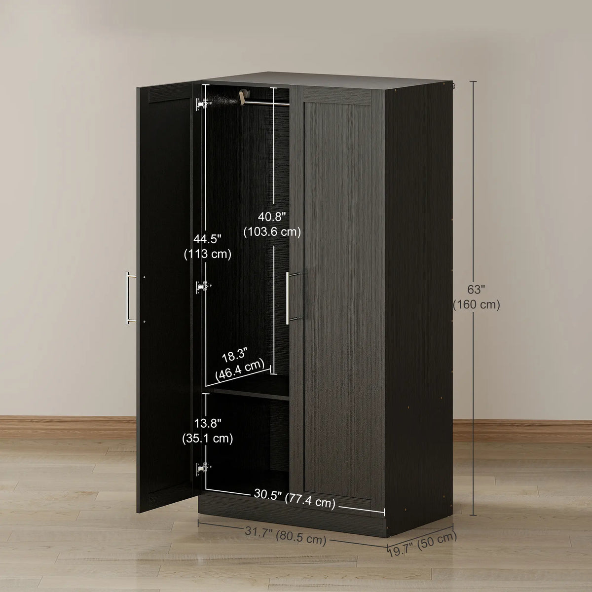 Modern Armoire Wardrobe Cabinet, 2 Doors With Hanging Rod, Black Wood Effect, Black