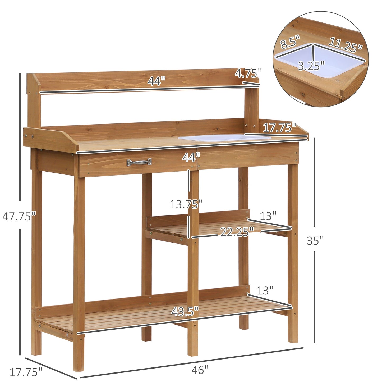 47.75" Potting Bench Table Garden Work Bench Workstation with Drawer, Removable Sink, Storage Shelves and Hooks, Natural at Gallery Canada
