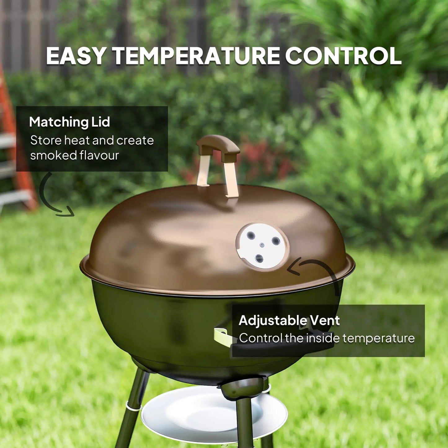 17" Charcoal BBQ Grill With Shelf, Ash Catcher, Wheels, Black