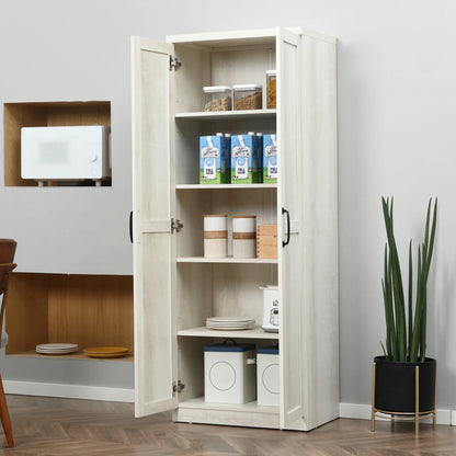 63" Kitchen Storage Cabinet, 5-Tier Pantry with Doors, Adjustable Shelves, Distressed, White Kitchen Pantry Cabinets at Gallery Canada