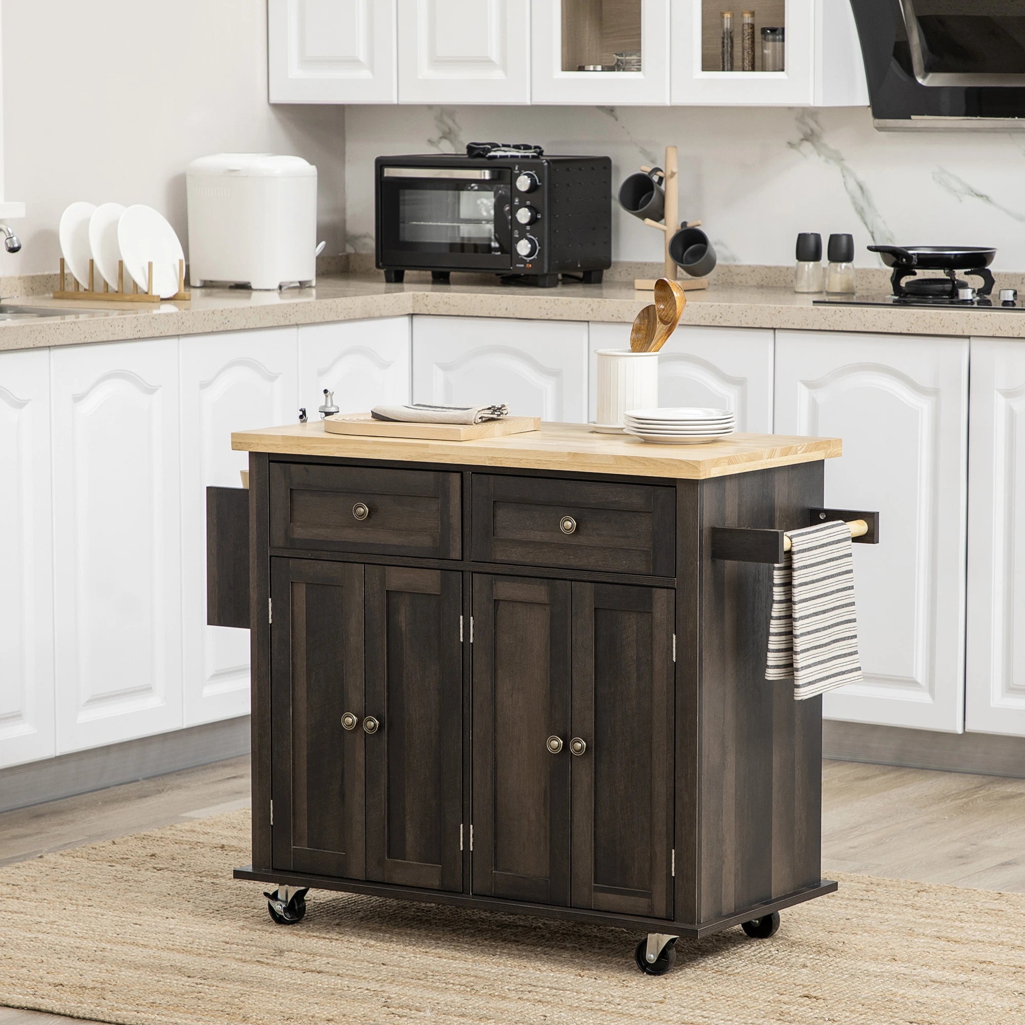 Kitchen Island with Storage, Rolling Cart, Rubber Wood Top, Brown Oak, Brown Kitchen Islands & Kitchen Carts at Gallery Canada