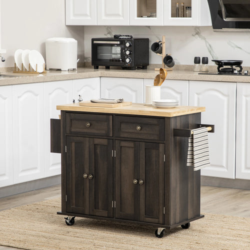 Kitchen Island with Storage, Rolling Cart, Rubber Wood Top, Brown Oak, Brown