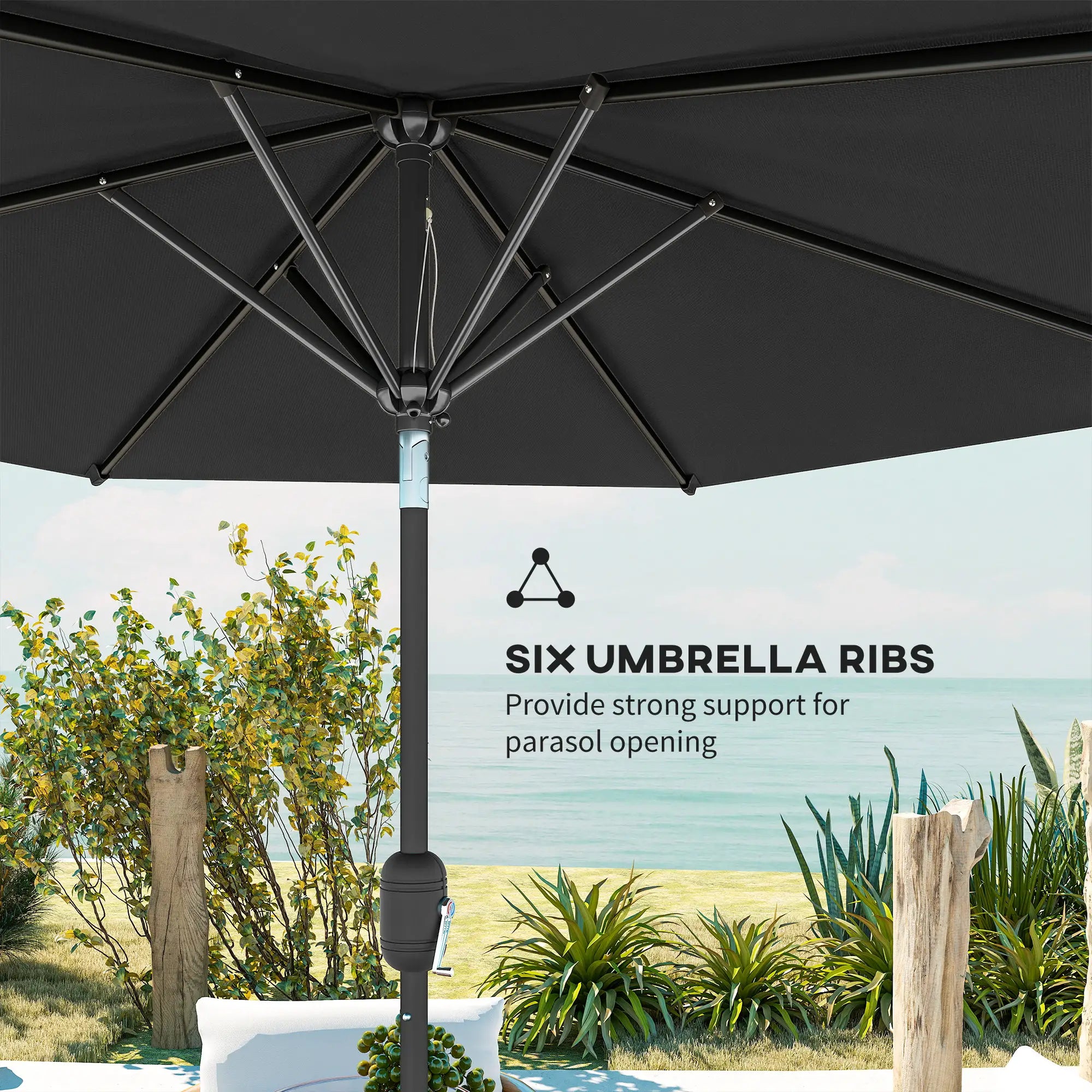 Patio Sun Umbrella, Outdoor Parasol, 6 Ribs, Black Sun Umbrellas at Gallery Canada