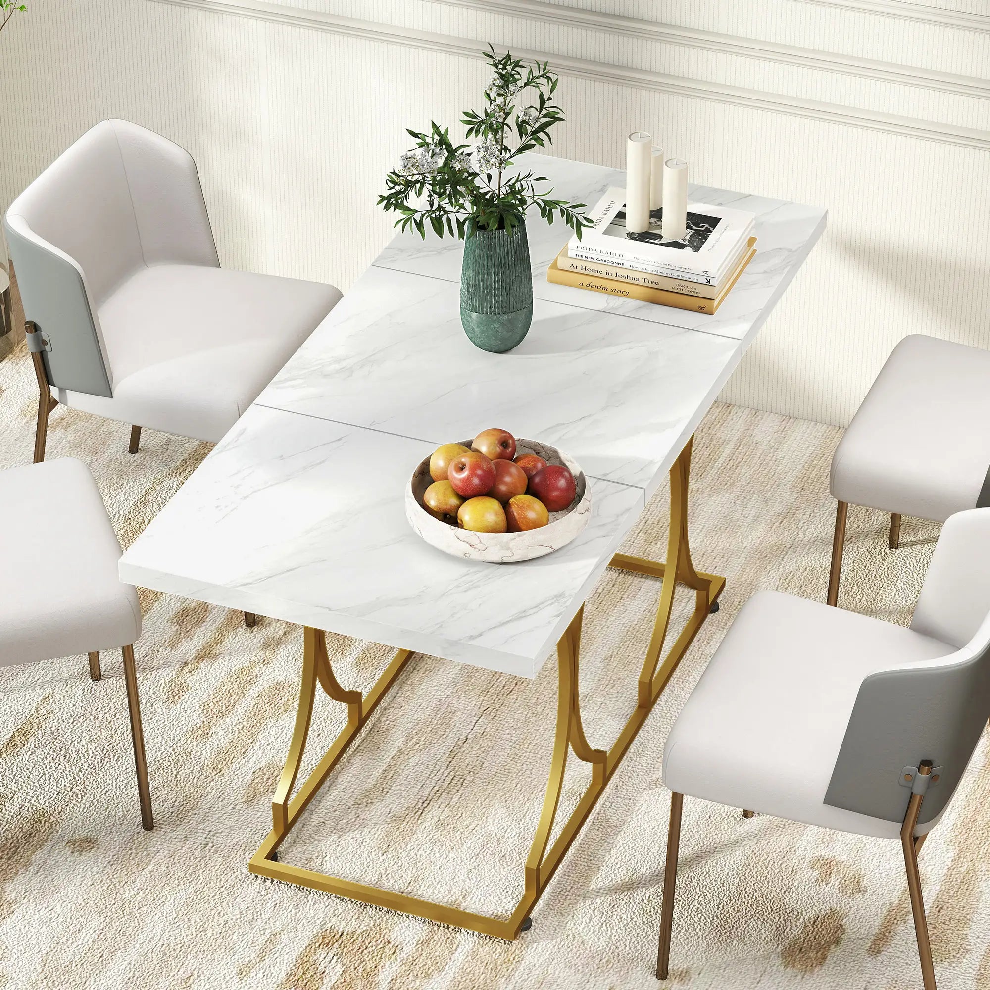 59-Inch Dining Table for 6, Modern Marble-Pattern, White Dining Tables at Gallery Canada