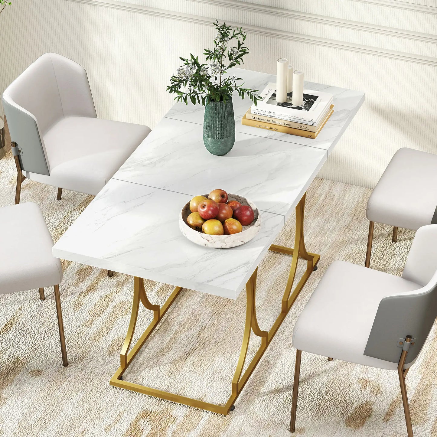 59-Inch Dining Table for 6, Modern Marble-Pattern, White Dining Tables at Gallery Canada