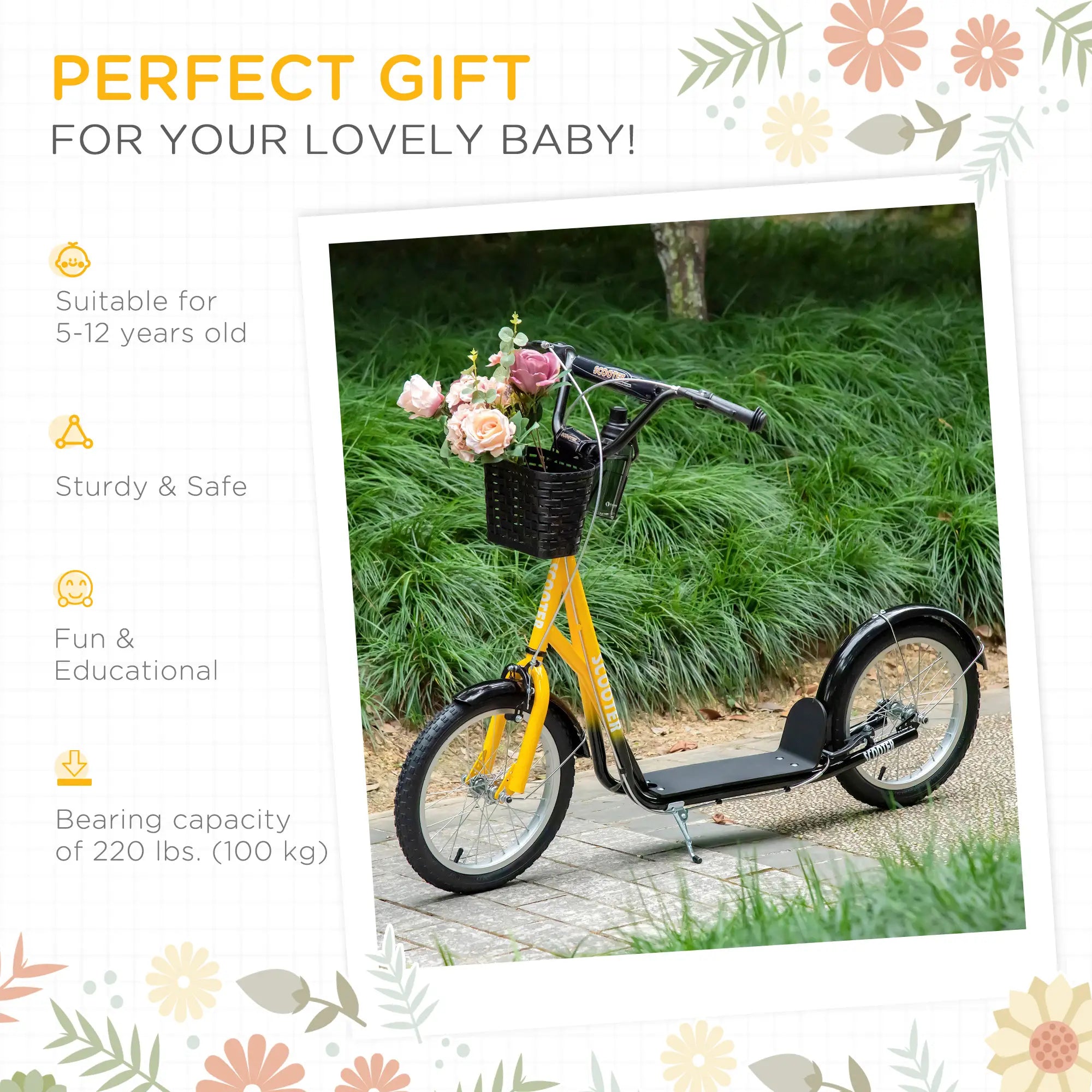 Kids Kick Scooter, Adjustable Handlebar, 2 Brakes, Basket, 16