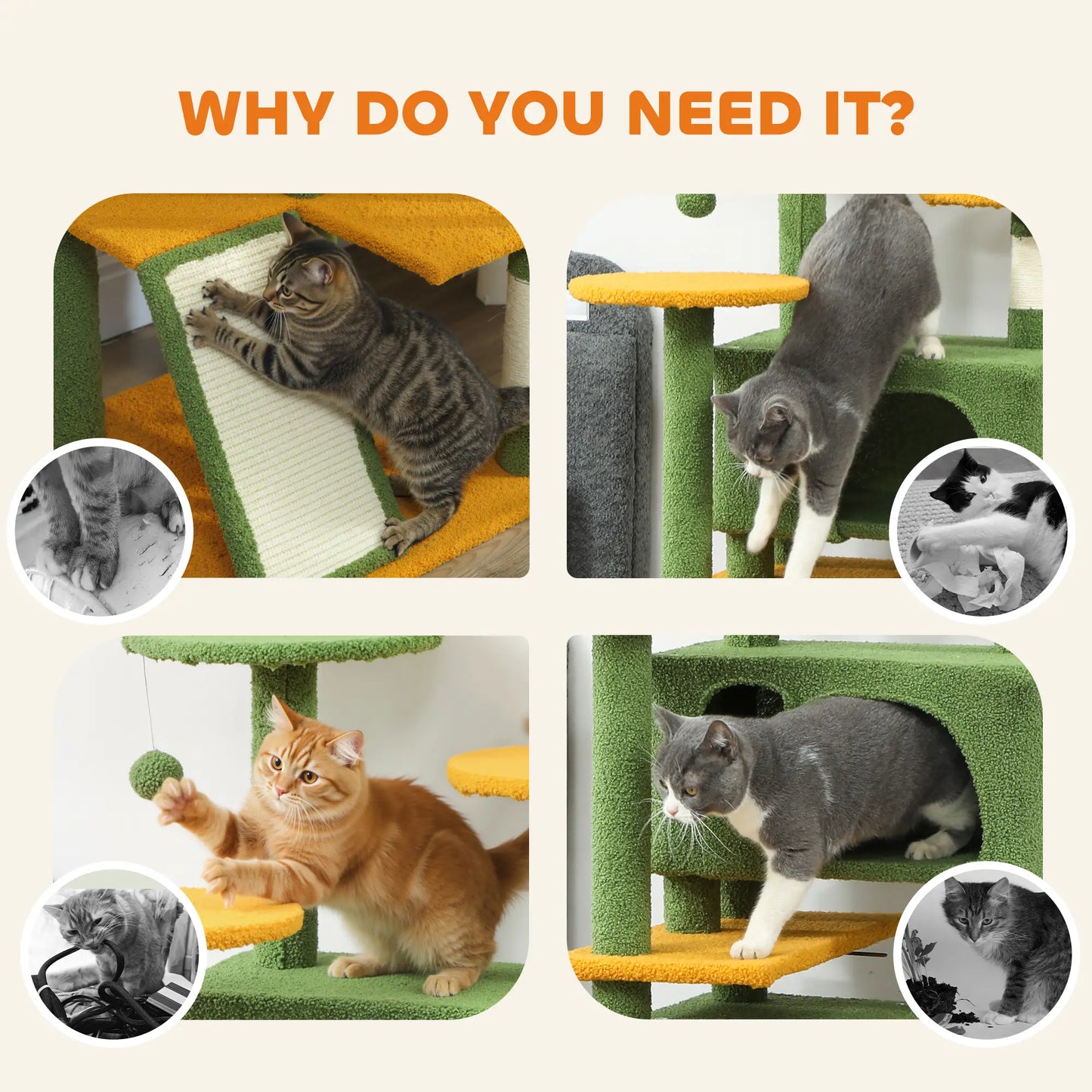 63" Cat Tree, Multi-Level Tower, Scratching Posts, Condos, Bed, Green