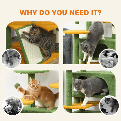 63" Cat Tree, Multi-Level Tower, Scratching Posts, Condos, Bed, Green