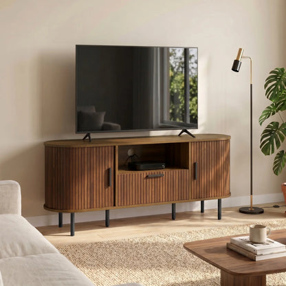 TV Stand for TVs up to 60", Modern Entertainment Center with Curved Sliding Doors and Storage, Brown
