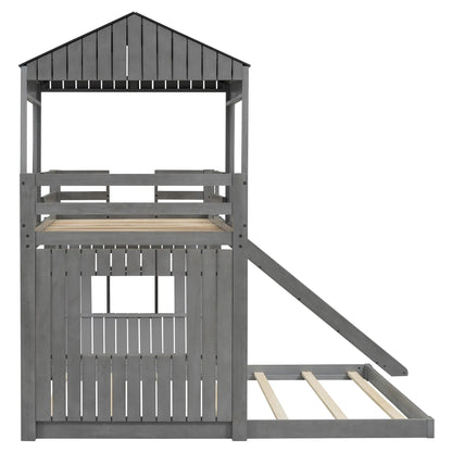 Twin Over Full Bunk Bed, Farmhouse Style, 82" L x 89" W x 82.5" H, Antique Grey Bed Frames at Gallery Canada