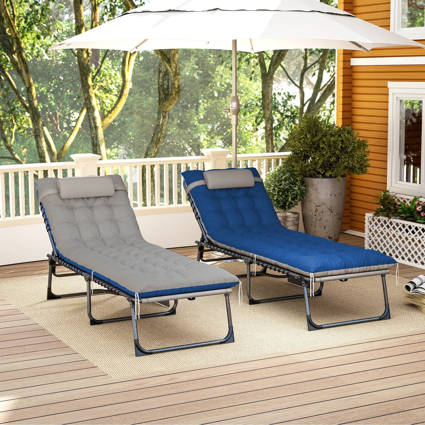 Folding Chaise Lounge Chair Set Of 2, With Cushion And Side Pocket, Brown/Blue Lounger Chairs at Gallery Canada