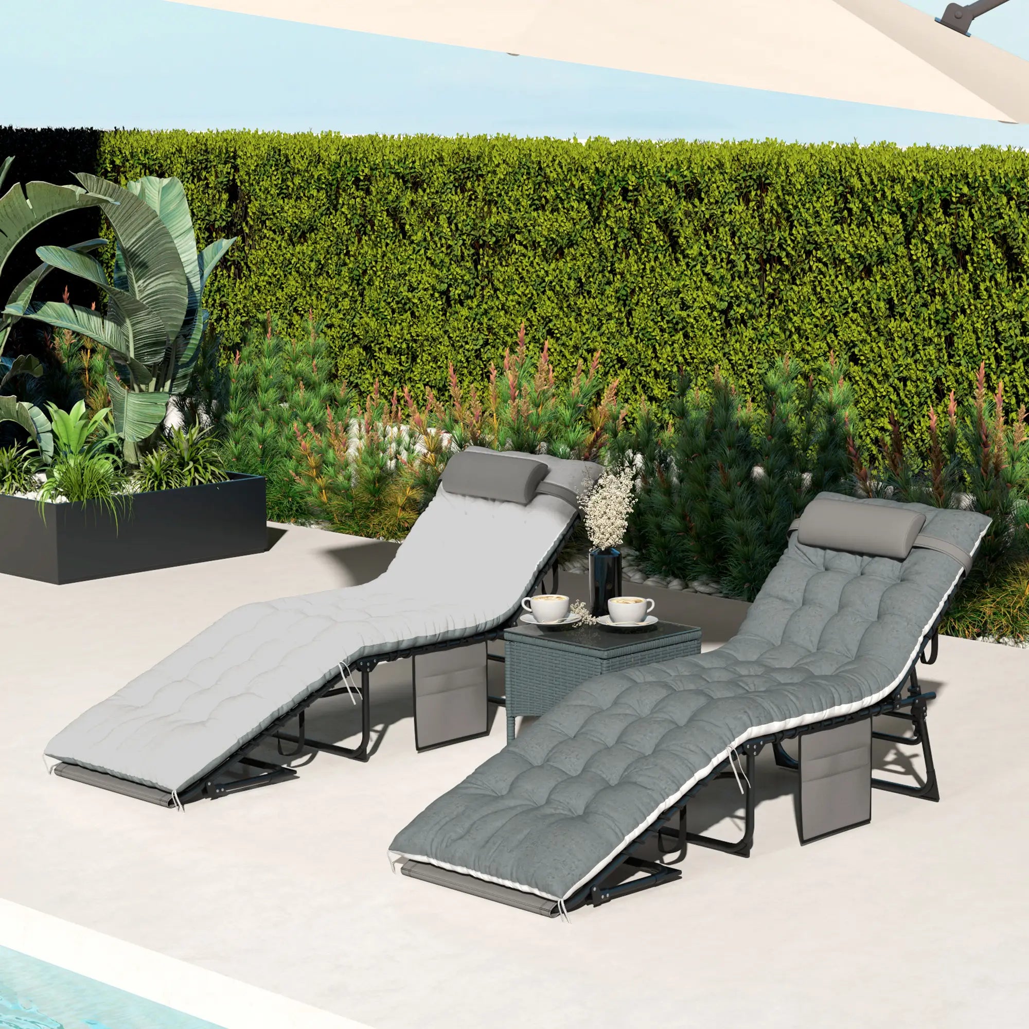 Folding Chaise Lounge Chair Set Of 2, With Cushion And Side Pocket, Grey Lounger Chairs at Gallery Canada