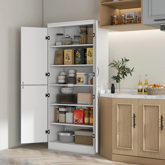 4-Door Storage Cabinet, Freestanding Pantry with Adjustable Shelves, 70", White Kitchen Pantry Cabinets White at Gallery Canada