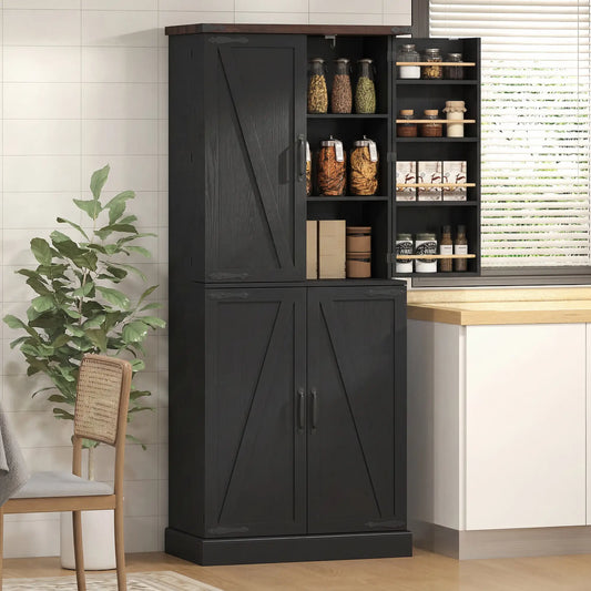 72" Tall Kitchen Pantry Cabinet, Farmhouse Storage Cabinet with 8 Door Racks and Adjustable Shelves, Black Kitchen Pantry Cabinets Black, Oak at Gallery Canada