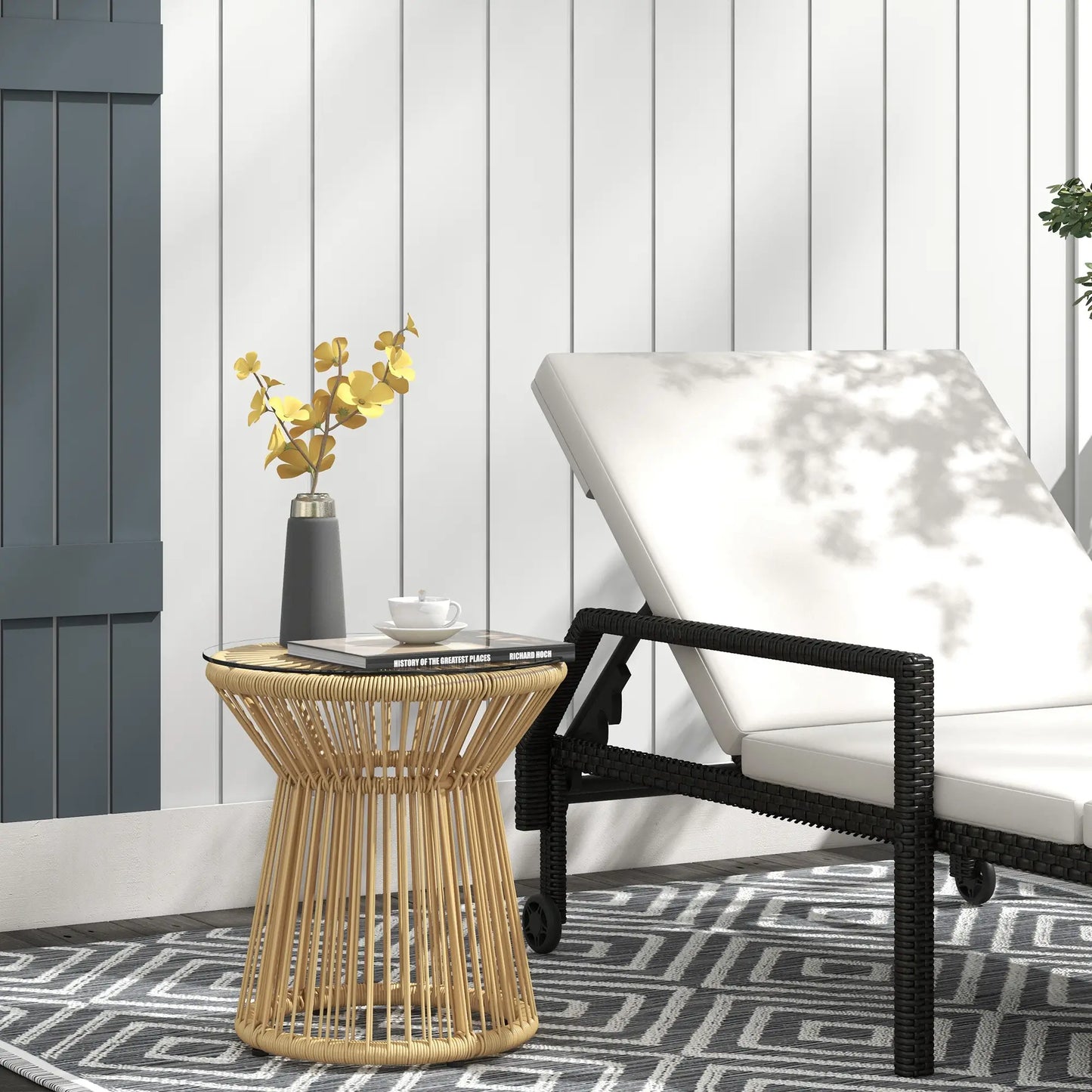 Round Rattan Side Table, Hollow Drum Design, Glass Top, Beige Patio Side Tables at Gallery Canada
