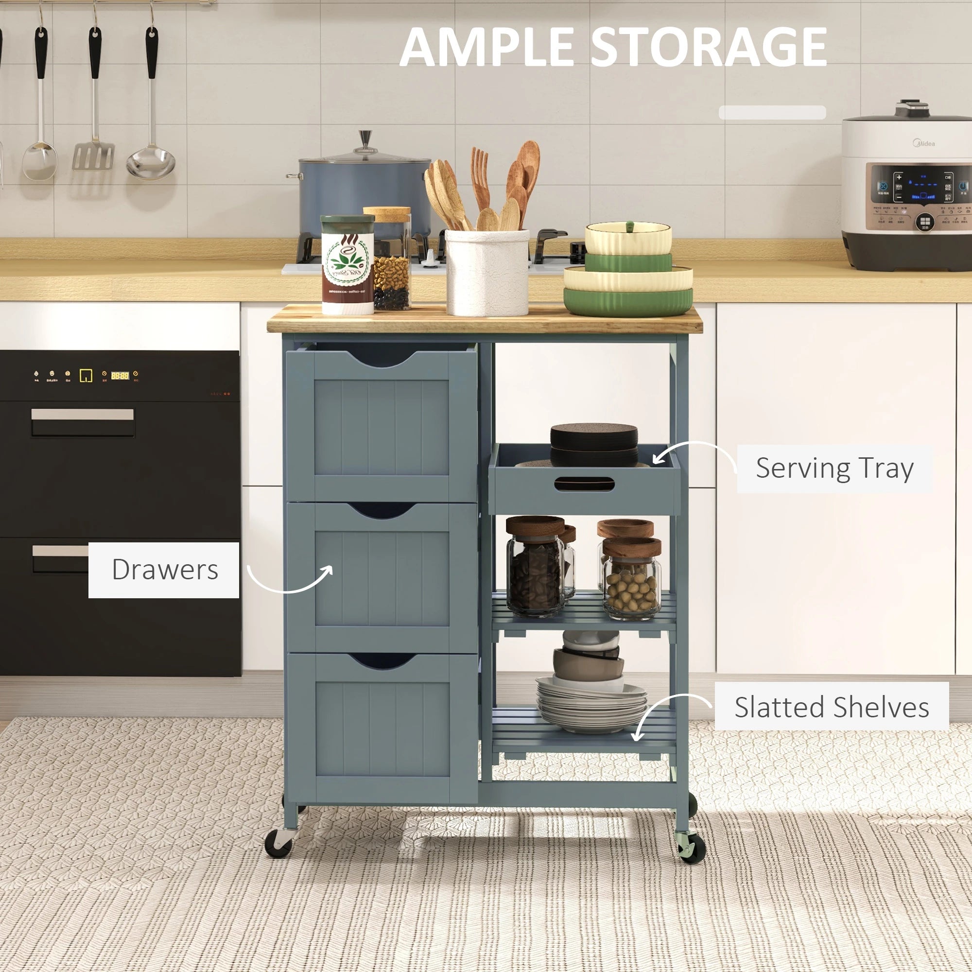 Kitchen Cart on Wheels, Wood Top, 3 Drawers, Shelves Kitchen Islands & Kitchen Carts at Gallery Canada