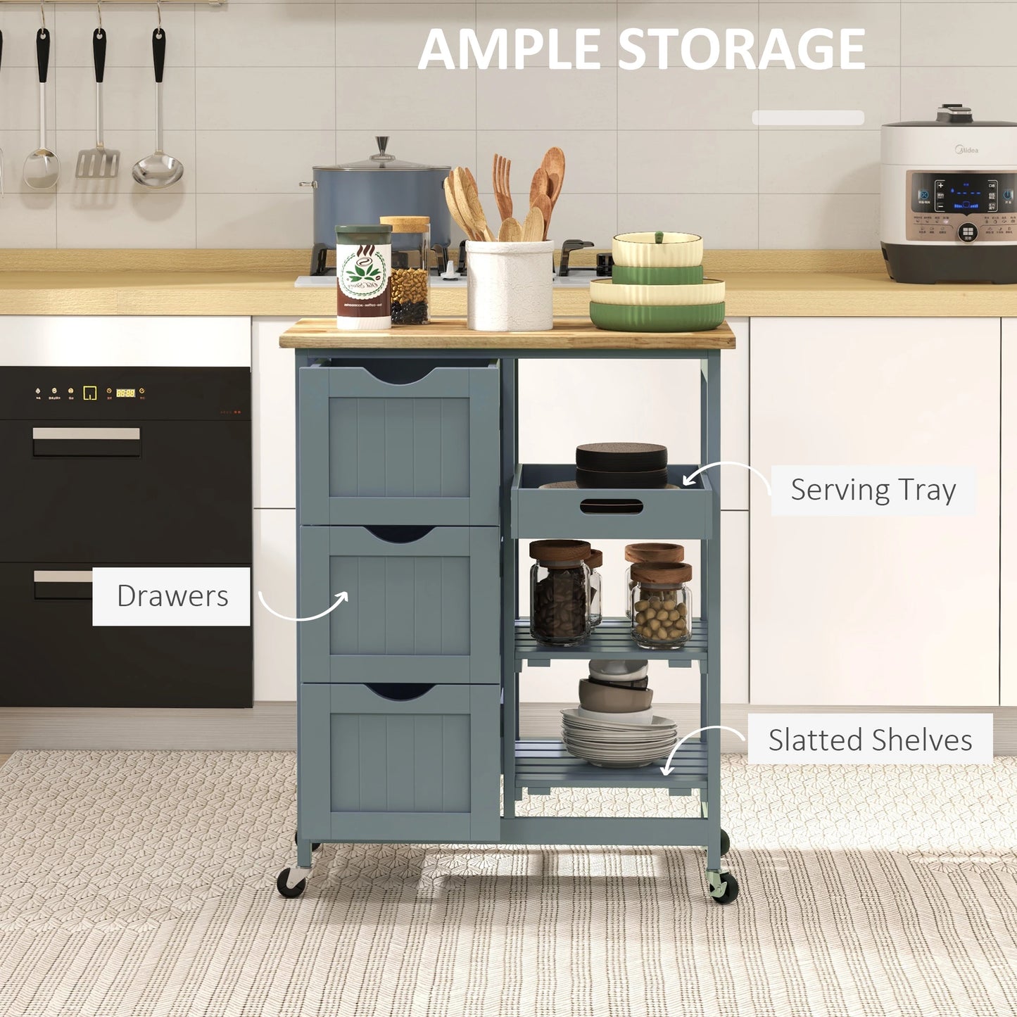 Kitchen Cart on Wheels, Wood Top, 3 Drawers, Shelves Kitchen Islands & Kitchen Carts at Gallery Canada