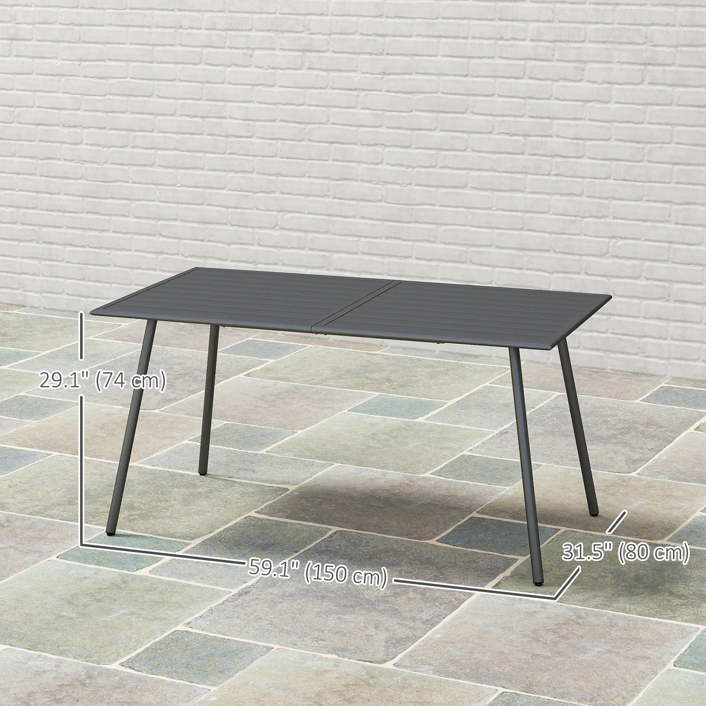 Rectangle Patio Dining Table for 6, Metal Steel Slat, 59" x 31.5" x 29", Grey Patio Dinning Tables at Gallery Canada