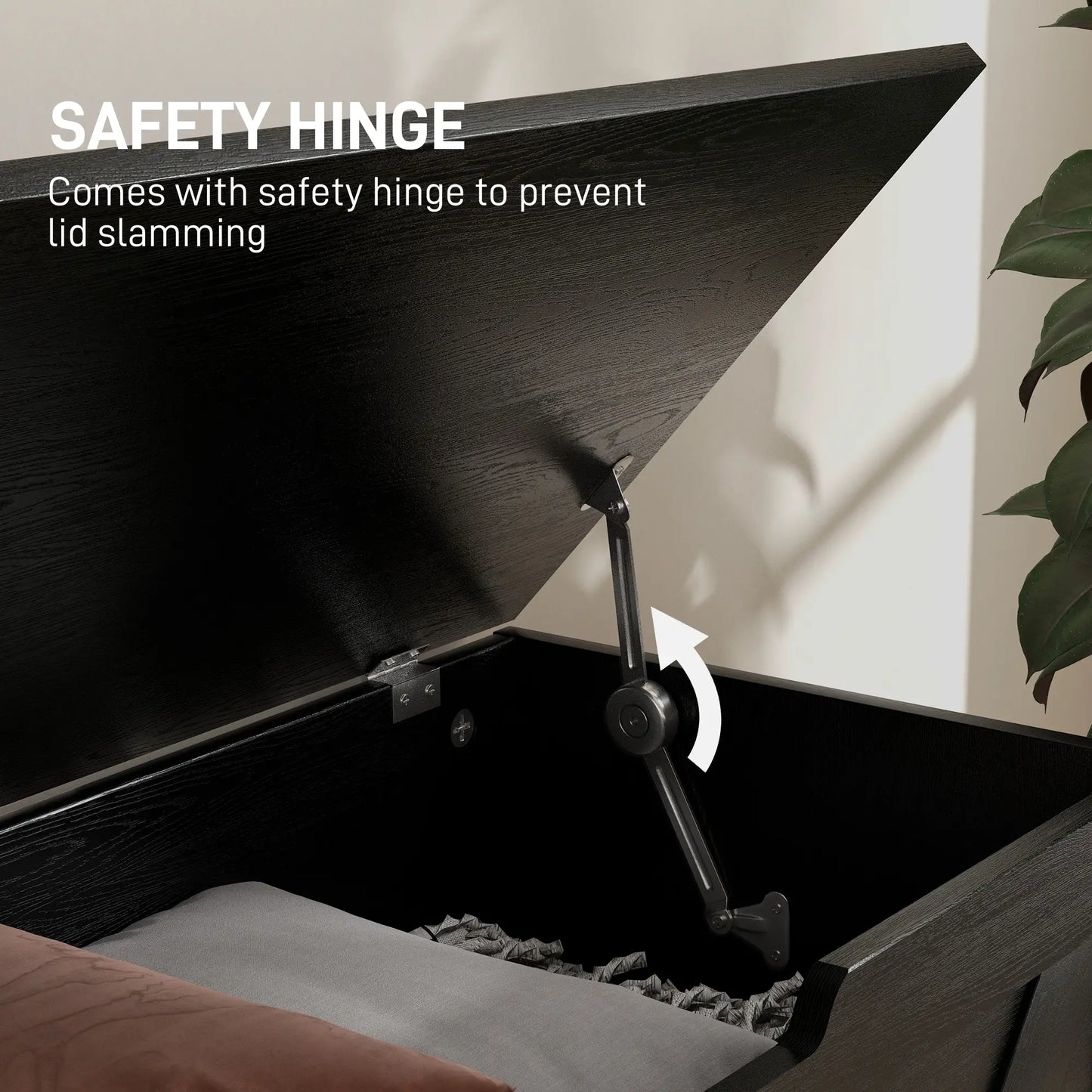 31.5 Inches Storage Chest, Wooden Box with Safety Hinges, Wood Grain, Black Storage Cabinets at Gallery Canada