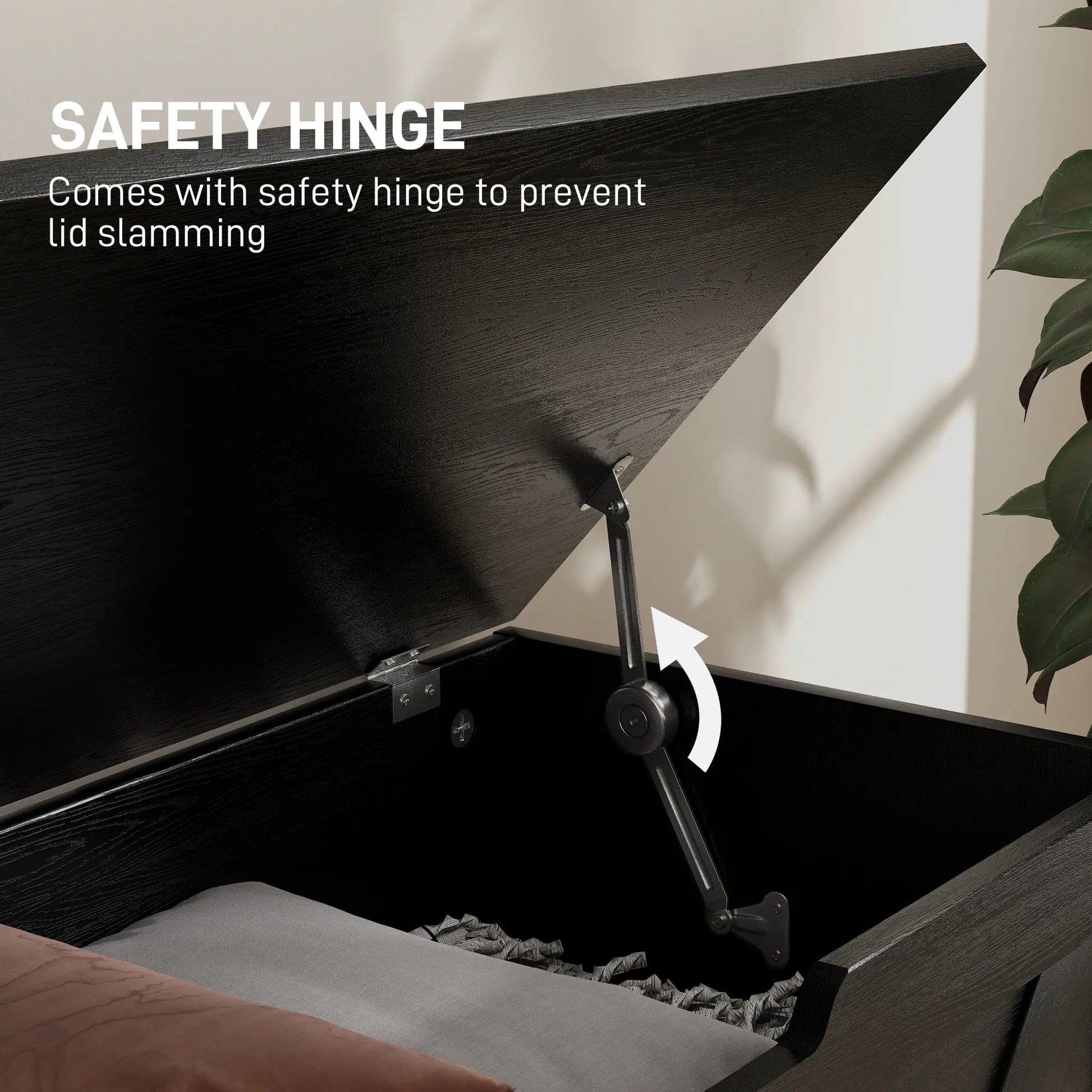 31.5 Inches Storage Chest, Wooden Box with Safety Hinges, Wood Grain, Black Storage Cabinets at Gallery Canada