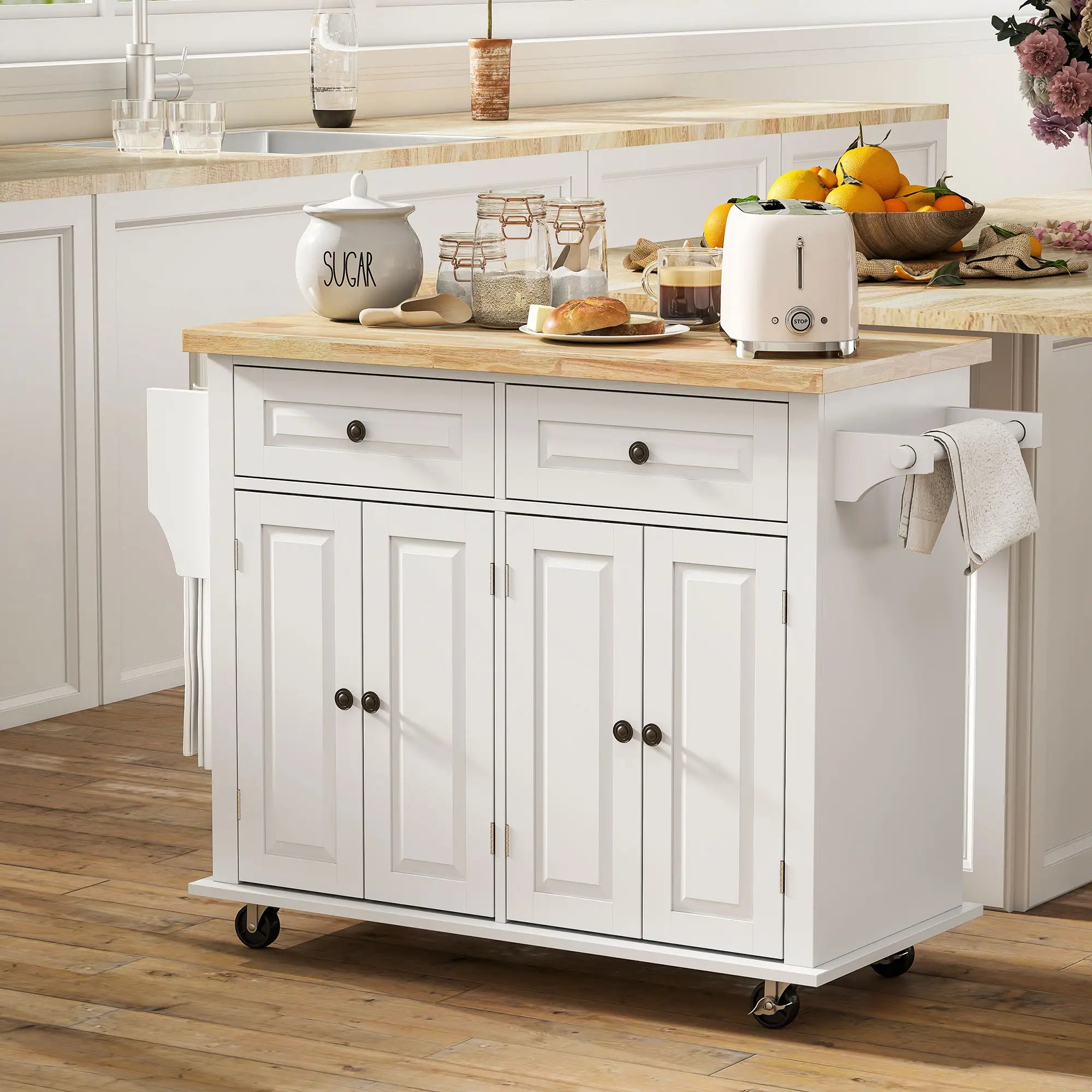 Kitchen Island with Storage, Rolling Trolley Cart with Rubber Wood Top, Spice Rack, Towel Rack, Grey Kitchen Islands & Kitchen Carts at Gallery Canada