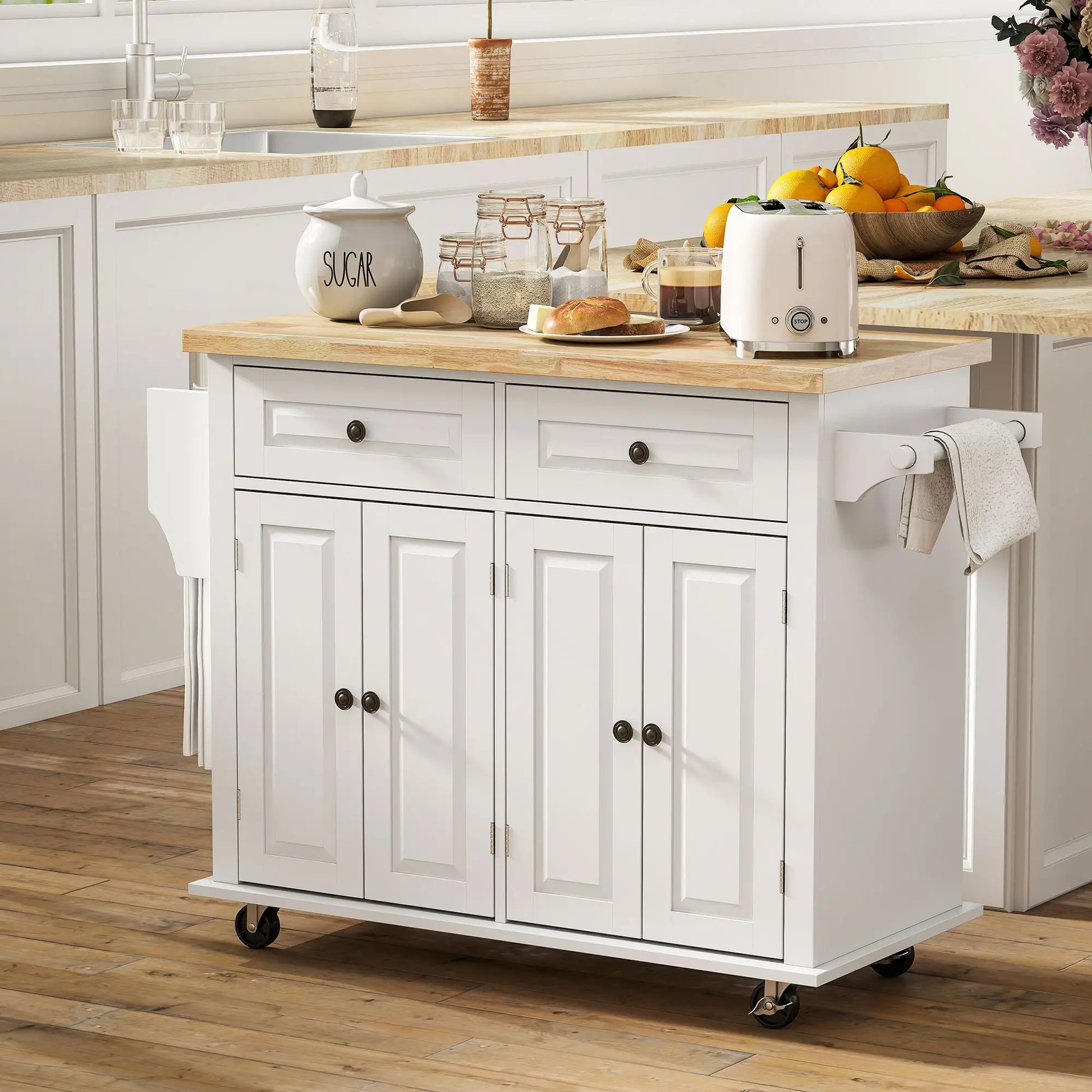 Kitchen Island with Storage, Rolling Trolley Cart with Rubber Wood Top, Spice Rack, Towel Rack, Grey Kitchen Islands & Kitchen Carts at Gallery Canada