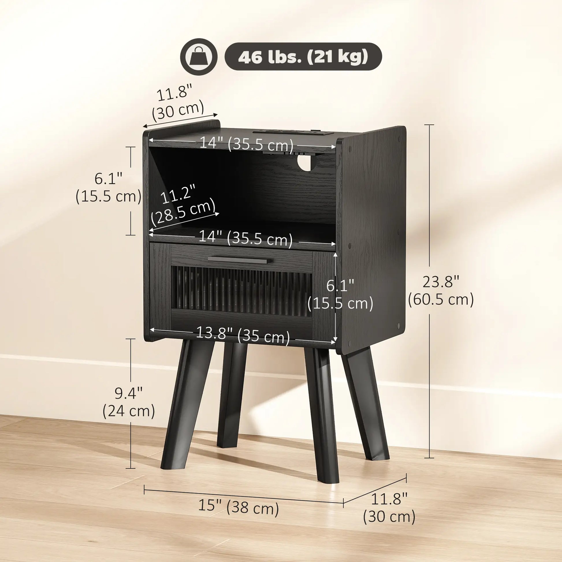 Modern Nightstands Set of 2, Charging Station, Storage, Glass Door, Black Side Tables at Gallery Canada