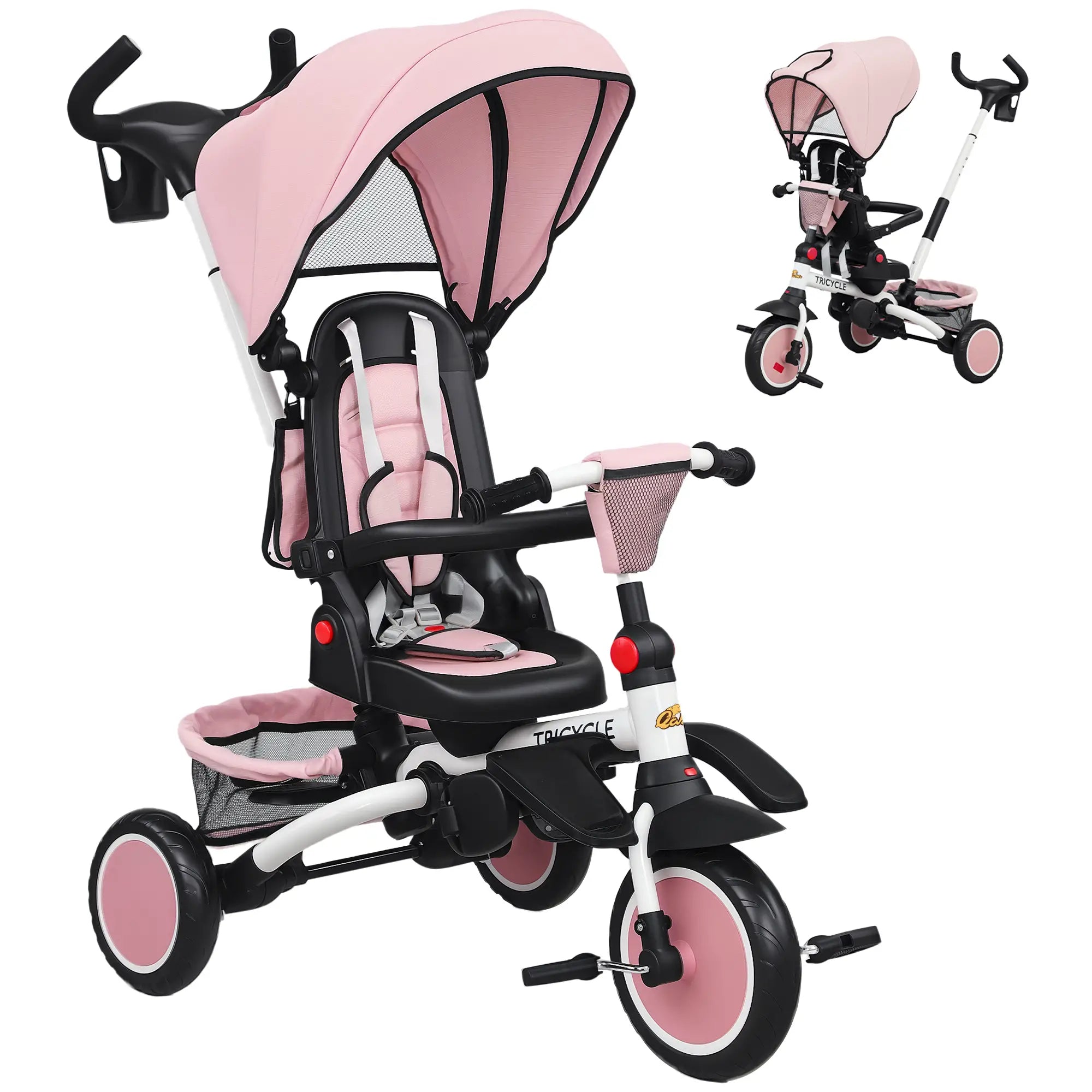 6 in 1 Toddler Tricycle, Push Handle, Removable Canopy, Rotatable Seat, Pink Tricycles for Kids at Gallery Canada