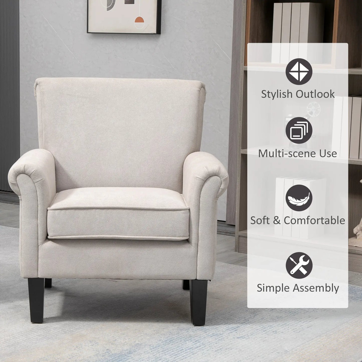 Upholstered Accent Chair, Soft Velvet Fabric, Rolled Armrest, Grey Single Sofas at Gallery Canada