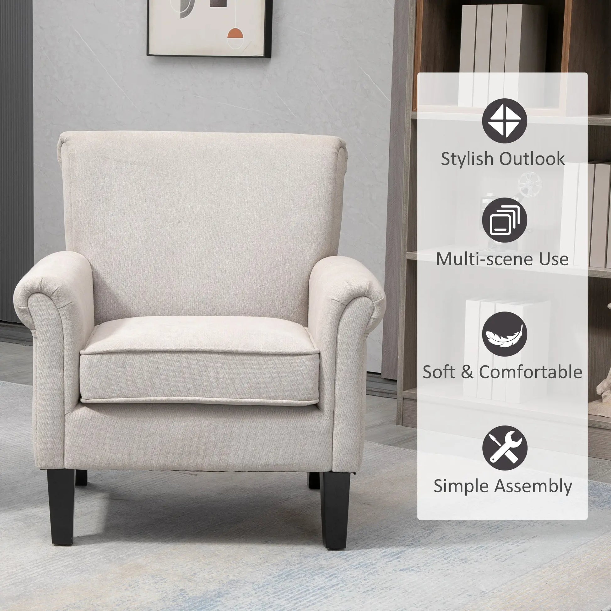 Upholstered Accent Chair, Soft Velvet Fabric, Rolled Armrest, Grey Single Sofas at Gallery Canada