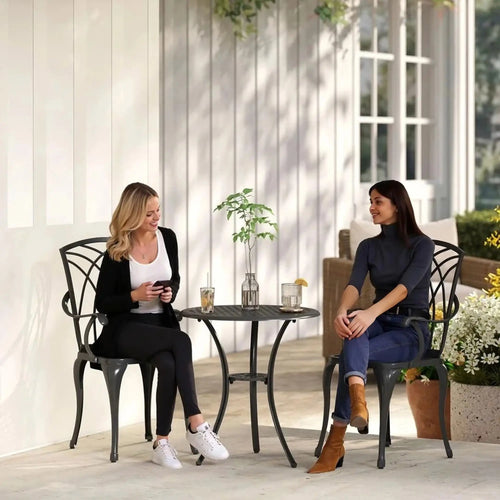 3 Pc Patio Bistro Set, Cast Aluminum, Coffee Table, 2 Armchairs, Brown