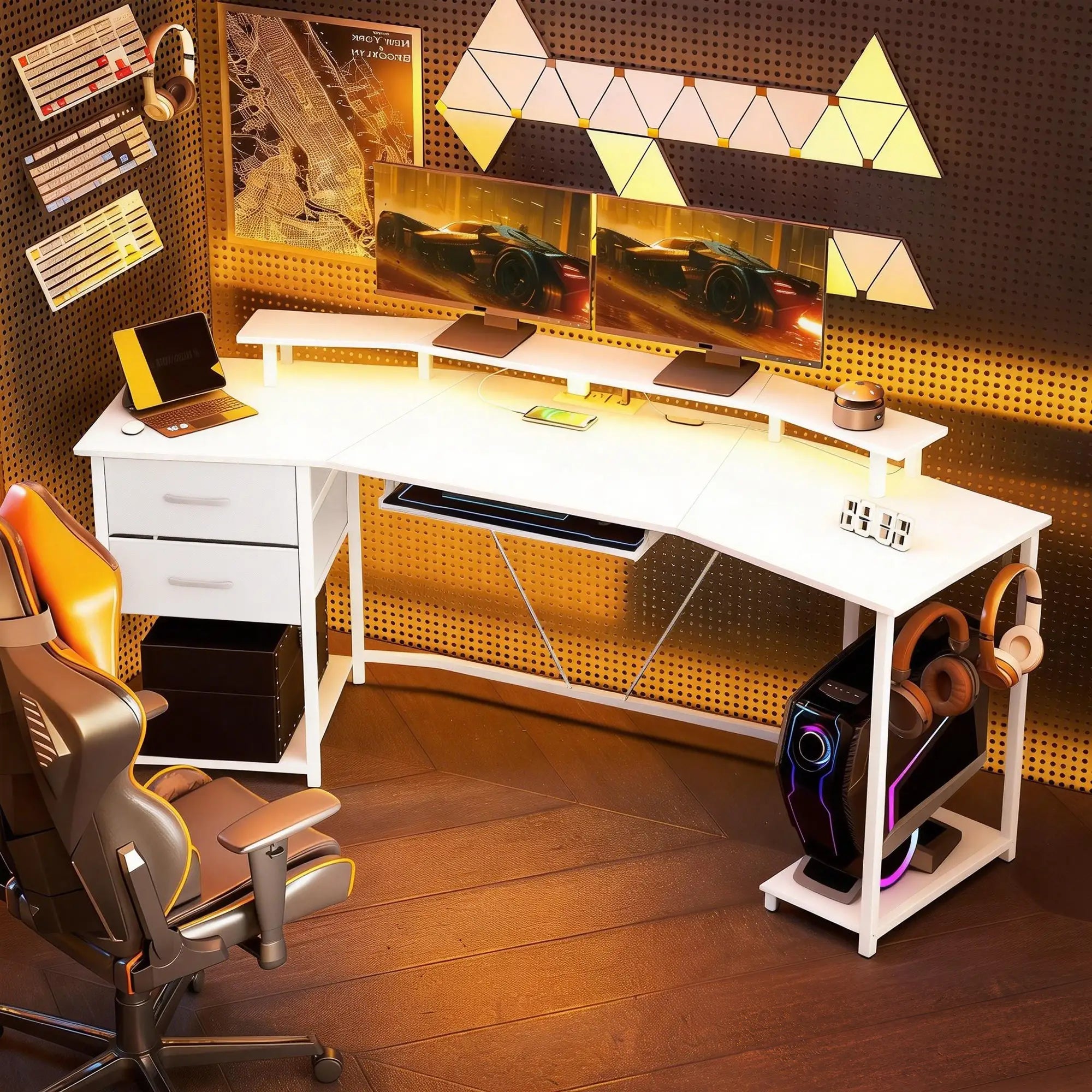 79 Inch Gaming Desk With RGB Lights, Power Outlets, USB Ports, White Gaming Desks at Gallery Canada