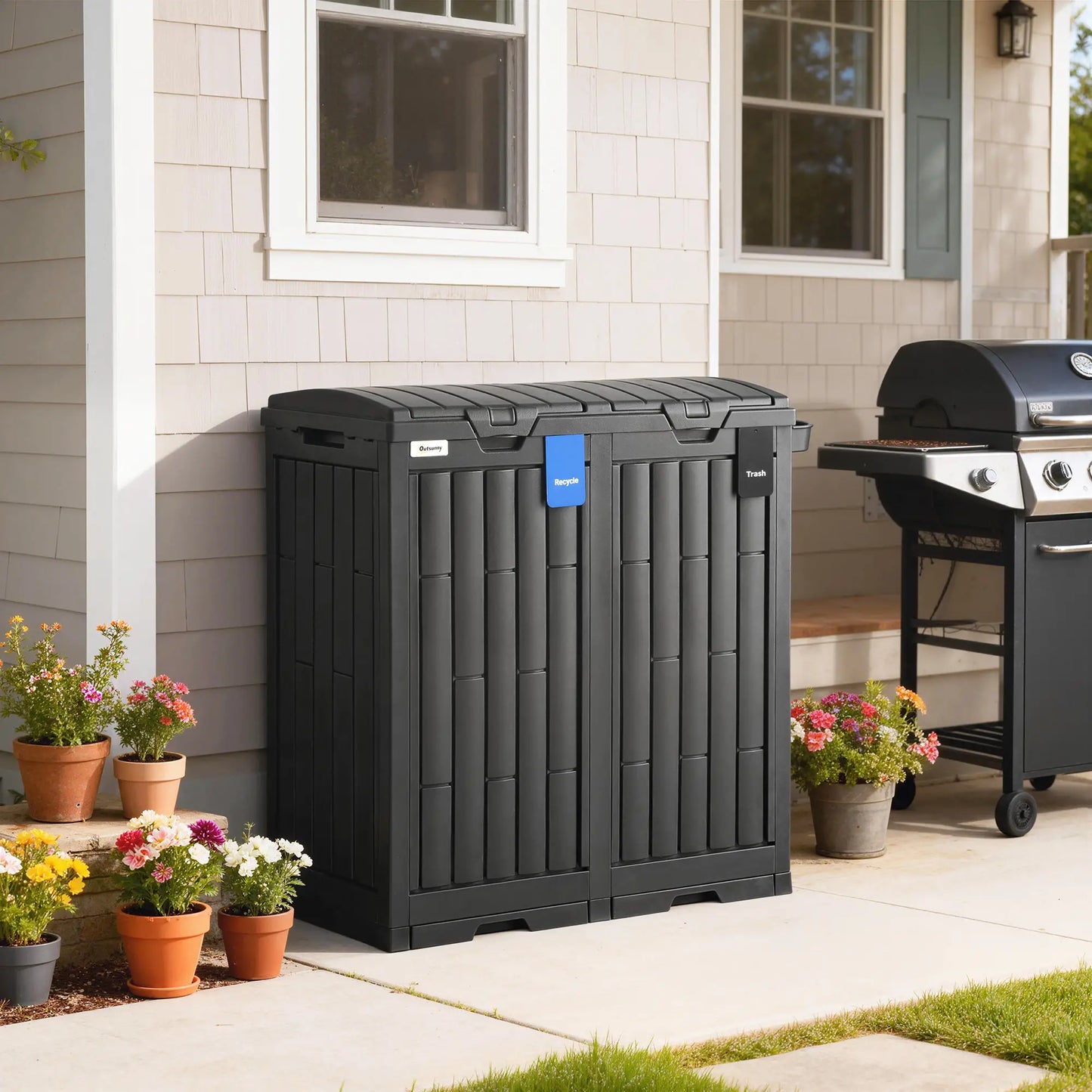 58 Gallon Double Outdoor Garbage Bin, Dual Lid, Plastic Waste Trash Can, Black Garden Accessories at Gallery Canada