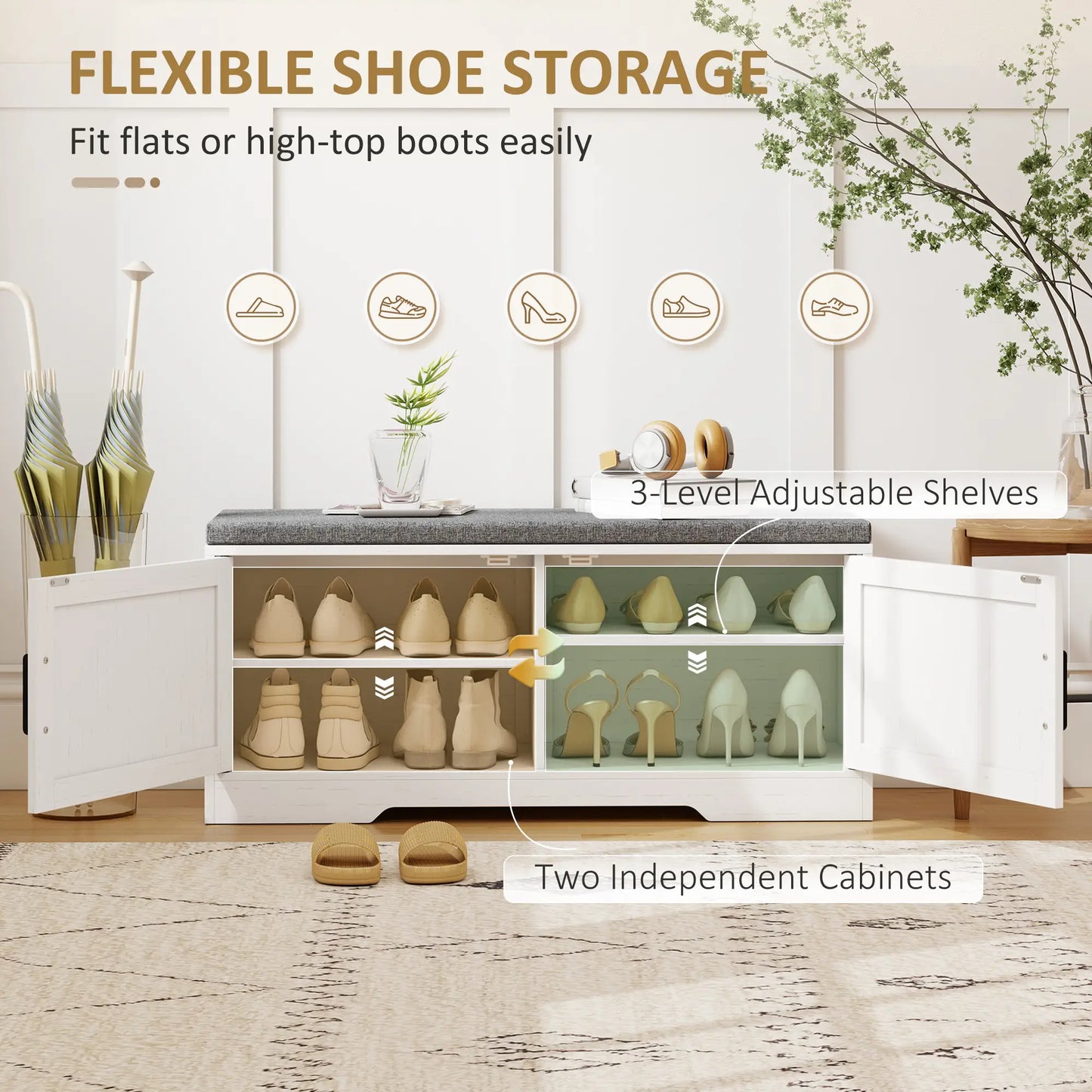 Shoe Bench With Cushion, Adjustable Shelves, Doors, White