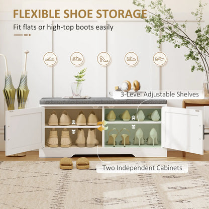 Shoe Bench With Cushion, Adjustable Shelves, Doors, White
