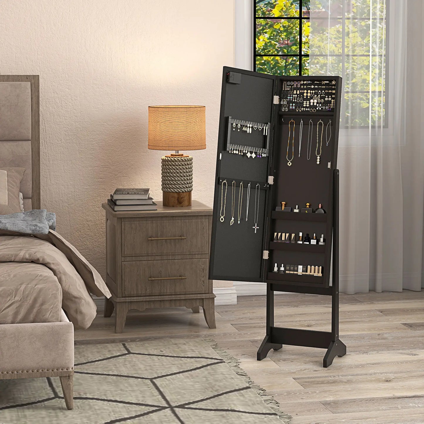 Free Standing Armoire Organizer, Lighted Mirrored Jewelry Cabinet, 16 LED Lights, Black Jewelry Armoire & Jewellery Mirror Cabinets at Gallery Canada