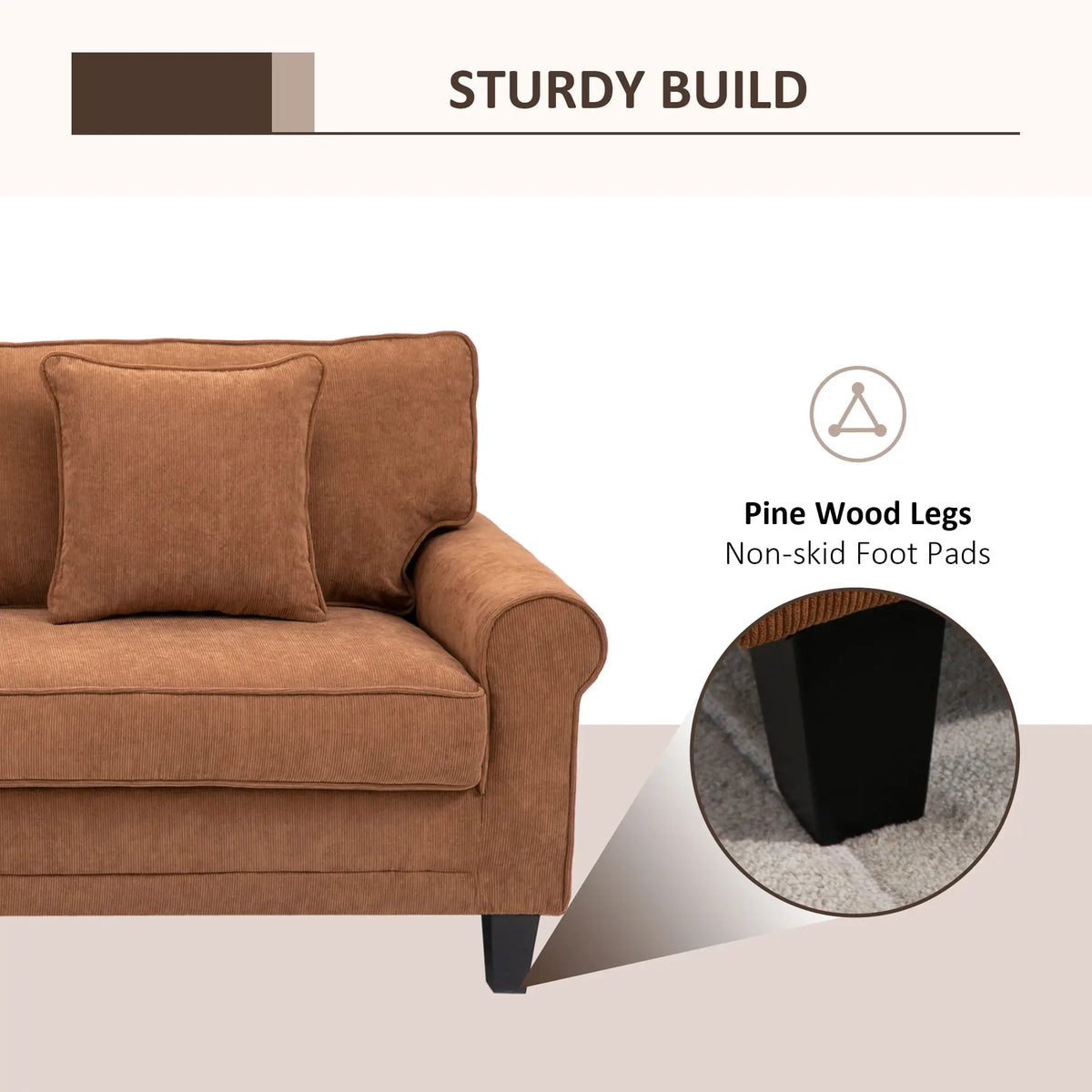Modern 3 Seater Sofa, Corduroy Couch, Pine Wood Legs, Brown, Brown 3-Seater Sofas at Gallery Canada