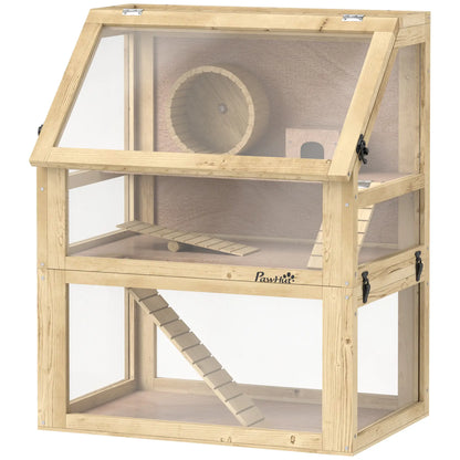 Wooden Hamster Cage, 3 Tier Gerbil Cage, 24" x 16" x 29.5", Hut, Seesaw, Wheel Hamster Cages Natural at Gallery Canada