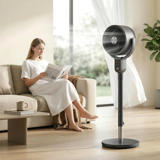 20dB Standing Fan for Bedroom, 70°+90° Auto Oscillating Fan with 8 Speeds, Remote Control, 12H Timer, Adjustable Height Stand Fans Grey, Black at Gallery Canada