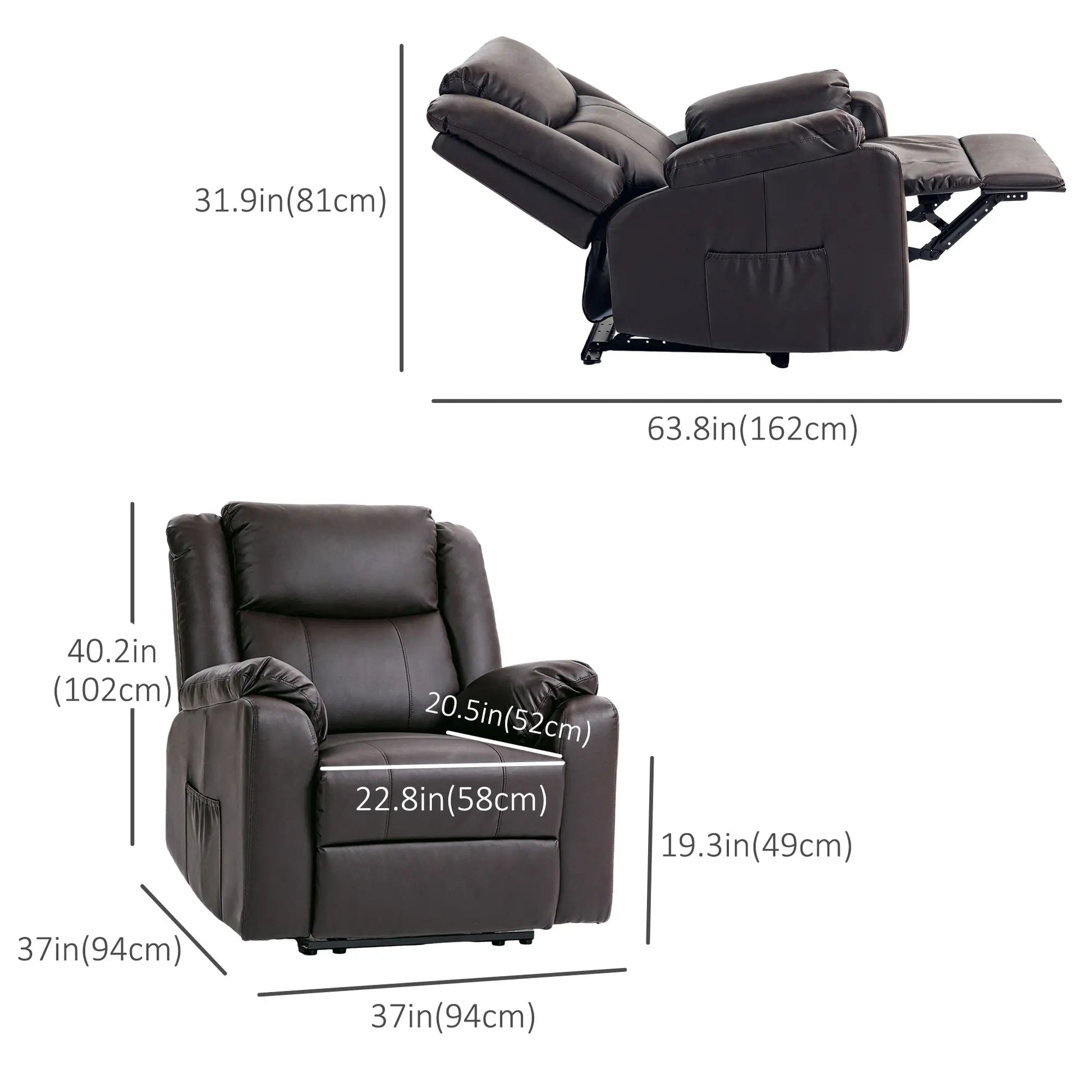 PU Leather Reclining Chair, Recliner Chair for Living Room with Footrest and 2 Side Pockets, Brown Single Sofas at Gallery Canada