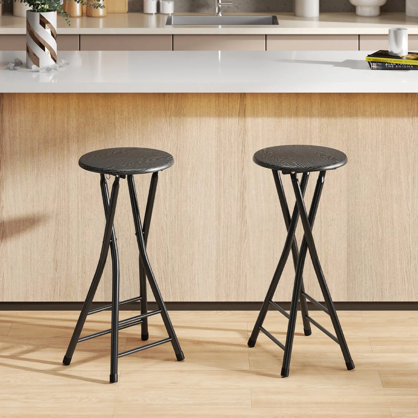 Set of 2 Foldable Barstools, Counter Height with Footrest, Steel Legs, Black Bar Stools at Gallery Canada